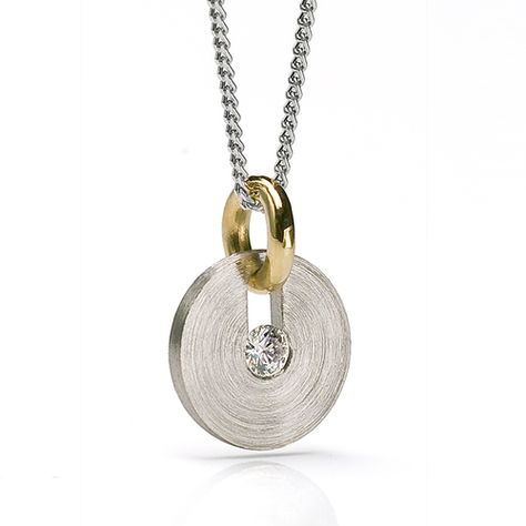 Slip Disc Pendant - This pendant is created in palladium with an 18k yellow gold bail and a Diamond. Contemporary Jewelry by Catherine Iskiw Slip Disc, Pear Shaped Diamond Necklace, Tube Necklace, Diamond Choker Necklace, Contemporary Jewelry Design, Jewelry Artist, Art Jewelry Contemporary, Artful Home, Disc Pendant