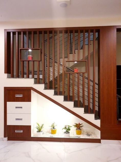 Staircase Design Narrow, Area Below Staircase Design, Hall Staircase Design, Stairs Area Interior Design, Starecase Railing Design, Staircase Furniture Ideas, Indoor Staircase Ideas, Indoor Staircase Railings, Staircase Down Area Design