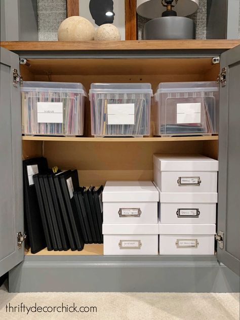 keepsake memento storage in cabinet Document Storage Boxes, Documents Organization Storage, Mailroom Organization, Office Cabinet Organization, Sample Organization, Home File Organization, Memorabilia Storage, Camera Organization, Photo Organization Storage