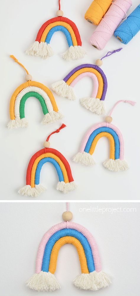 Photo of different color macrame rainbows Kids Krafts Ideas, Simple Macrame Projects, Macrame Rainbow Diy, Macrame For Kids, Macrame Idea, Snowflake Making, Rainbow Macrame Wall Hangings, Rainbow Project, Library Crafts