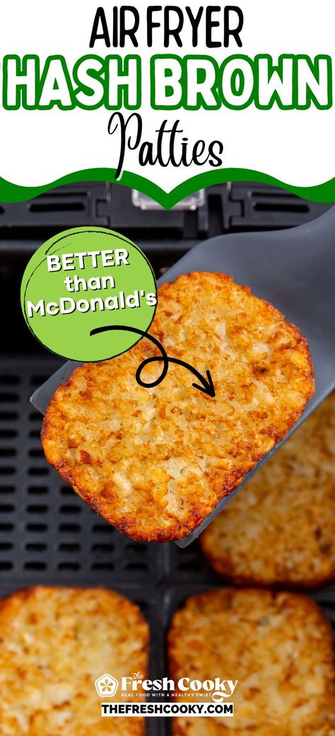 Crispy on the outside, fluffy on the inside - these air fryer hash brown patties are the ultimate comfort food. Better than McDonald's hashbrowns. Recipe via @thefreshcooky #hashbrowns #airfryerbreakfast Hashbrowns Patties Recipes, Breakfast Recipes With Hashbrown Patties, Air Fryer Hashbrowns Patties, Frozen Hashbrown Patties In Air Fryer, Hash Brown Patties In Air Fryer, Air Fry Frozen Hashbrown Patties, What To Do With Frozen Hashbrowns, Frozen Hashbrown Recipes Air Fryer, Airfry Hashbrown Patties