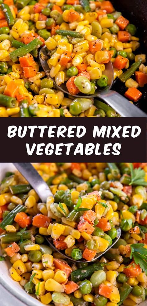 Elevate the flavor of a bag of frozen mixed vegetables by adding butter and simple seasonings. These buttered mixed vegetables are the perfect side dish! Mix Veggies Side Dish, Ideas For Vegetable Sides, Frozen Veggies Side Dish, Recipe For Mixed Vegetables, Recipes For Mixed Vegetables, Cooking Mixed Vegetables, Best Seasoning For Veggies, Mixed Veg Recipes, Thanksgiving Mixed Vegetables