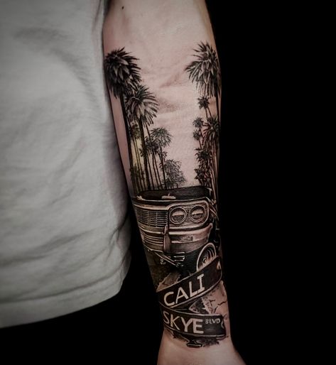 Tattoo done by Jason Vickers ig-@jason_vickers_tattoo Forearm tattoo, car, palm trees, california, low rider, impala, street sign, road sign #tattoo #tatted #ink #cai California Palm Trees Tattoo, California Tattoo Ideas Men, Road Sign Tattoo Ideas, California Sleeve Tattoo Ideas, Socal Tattoo Ideas, California Theme Tattoo, California Leg Sleeve Tattoo, California Sleeve Tattoo, Street Sign Tattoo Design