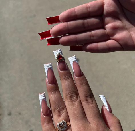 Red Nails With Red Bottoms, Acrylic Red Bottom Nails, French Tip Nails With Red Bottoms, White French Tip With Red Bottoms, White French Tip Red Bottom Nails, Pink Red Bottom Nails, French Tip Red Bottom Nails, Red Bottom French Tip Nails, White Nails With Red Bottoms