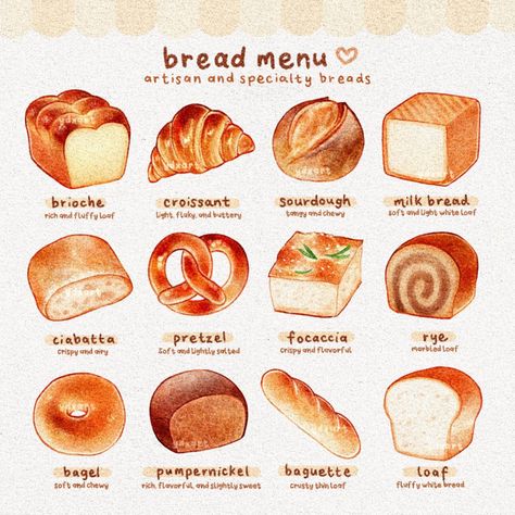 X Japanese Bread Illustration, Bakery Bread Aesthetic, Bakery Illustration Art, Bread Illustration Cute, Bread Menu Design, Breads Illustration, Baked Goods Drawing, Cute Bread Drawings, Bread Art Drawing