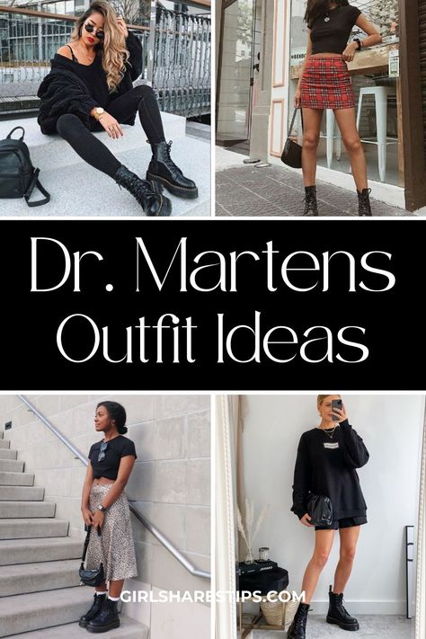 Looking for the best Dr. Martens outfit ideas for women? Check this post for style tips on what to wear with Doc Marten combat boots, and the 70+ trendiest ways to style Dr. Martens this year. Dr Martens Woman Outfit, Dr Martin Boots Women, Pleated Skirt And Doc Martens Outfit, Outfit Ideas For Doc Martens, Doc Martin Date Night Outfit, Doc Martens Punk Outfit, Ways To Wear Doc Martens, Doc Martens Outfit Skirt Tights, Business Casual Outfits With Docs