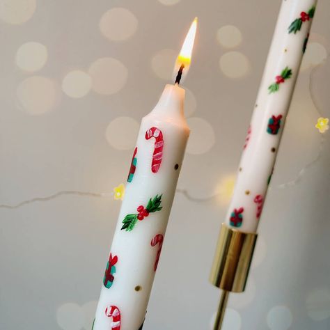 Hand Painted Christmas Candle By Felicity & Ink | notonthehighstreet.com Diy Christmas Treats, Candle Painting, Handmade Candles Diy, Diy Candle Sticks, Christmas Candles Diy, Xmas Candles, Painted Candlesticks, Painting Candle Holders, Hand Painted Candles