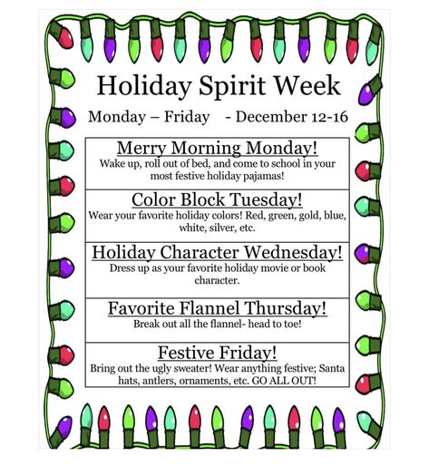 Work Holiday Spirit Week Ideas, Daycare Christmas Spirit Week, Holiday School Spirit Days, Christmas Spirit Week Ideas For Daycare, Christmas Theme Week At Work, Christmas Work Theme Days, Holiday Spirit Week Ideas For Work, Holiday Dress Up Spirit Week, Christmas Week Ideas For Work