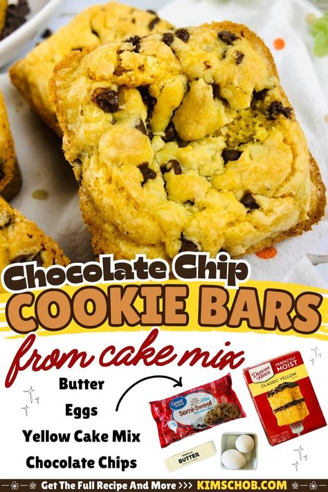 Indulge in these Cake Mix Cookie Bars made with only 4 simple ingredients. Enjoy fluffy cookie bars filled with delicious chocolate morsels in every bite. Perfect for a quick and easy treat! Yellow Cake Mix Chocolate Chip Cookie Bars, Cookie Bars With Yellow Cake, Lazy Cookie Bars Yellow Cakes, Yellow Cake Mix Chocolate Chip Bars, Yellow Cake Mix Bars Recipes, Yellow Cake Chocolate Chip Cookies, Yellow Cake Mix With Chocolate Chips, Chocolate Chip Cookie Bars Yellow Cake, Yellow Cake Cookie Bars