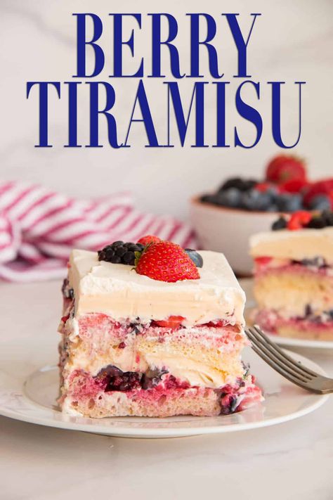 This Berry Tiramisu gives a brightness to the classic Italian "pick-me-up" dessert by swapping the coffee and cocoa out for fresh berries and green tea. You'll love how refreshingly and light this dessert is. So much so, it'll make an appearance at all of you summer festivities. #tiramisurecipe #berrydessert #berrytiramisu #Italiandessert #dessert #cakerecipes #spongecake #strawberrydesserts #mascarpone #LaborDay #Juneteenth #July4thdesserts via @ediblesense Summer Tiramisu Recipe, Triple Berry Tiramisu, Wild Berry Tiramisu, Berry Lasagna Dessert, Beautiful Summer Desserts, Moscato Berry Tiramisu, Berry Chantilly Tiramisu, Different Types Of Tiramisu, Gourmet Summer Desserts