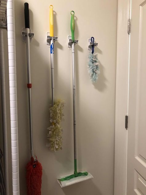 Broom Swiffer Storage, Where To Hang Brooms And Mops, Mop Hanger Ideas, Diy Broom And Mop Hanger, Hanging Brooms And Mops Ideas, Broom Holder Ideas, Broom And Mop Storage Ideas, Basement Steps, Broom Storage