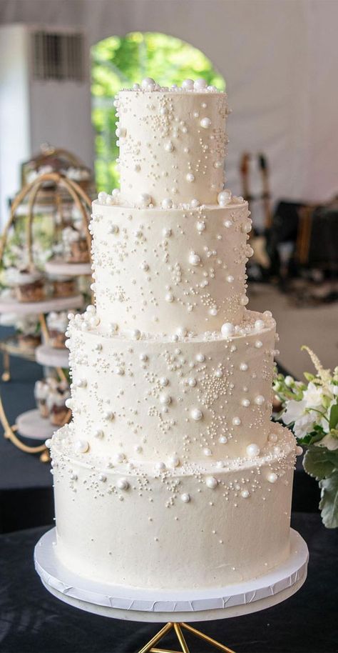 40 Eternal Elegance Wedding Cake Ideas : Three Tier Pearl Wedding Cake Pearls Theme Wedding, Four Tier Wedding Cakes, Pearl Cake Design, Groom Accessories Wedding, Fantastical Wedding, Timeless Wedding Theme, Timeless Wedding Cake, Pearl Cakes, Wedding Cake With Pearls