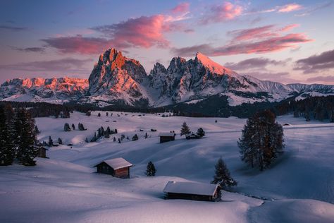 "Sunset Glow at Alpe di Siusi" by Win Mag #fstoppers #Landscape #italy #dolomites #snow #alps #alpedisiusi #seiseralm #sunset Winter In Mountains, Alps Wallpaper, Winter Scenery Pictures, Snow Alps, Mountain With Snow, Switzerland Wallpaper, Switzerland In Winter, Landscape Italy, Landscape Snow