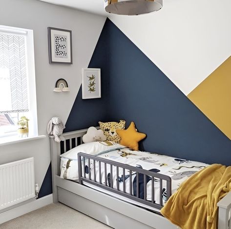 Boys Room Wall Art Paint, Split Room Paint Ideas, Toddler Boy Accent Wall Bedroom Ideas, 3 Boys Bedroom Ideas, Blue Boys Bedroom Paint, Kids Room Accent Wall Boy, Boys Yellow Bedroom, Wall Painting Ideas Bedroom Boys, Geometric Wall Paint Kids