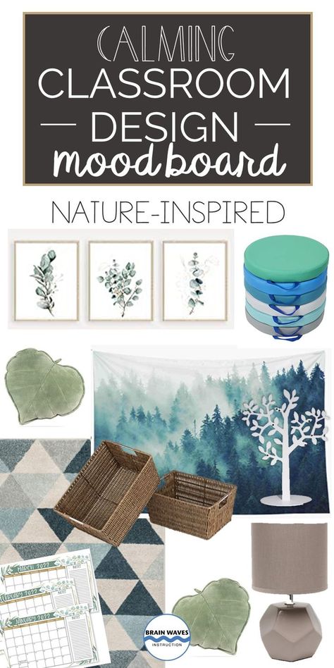 Mood Board For Classroom, First Grade Classroom Layout Ideas, Nature Classroom Theme High School, Calm Classroom Lighting, Natural Preschool Room Ideas, Blue And Green Classroom Theme, Boho Blue Classroom, Natural Items For Classroom, Relaxed Classroom Decor