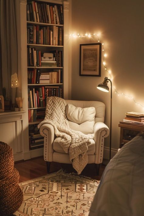 Cozy Home Library, Cozy Reading Corners, Neutral Bedrooms, Bedroom Corner, Casa Vintage, Mantel Decor, Cozy Room Decor, Cozy Reading Nook, Cozy Room