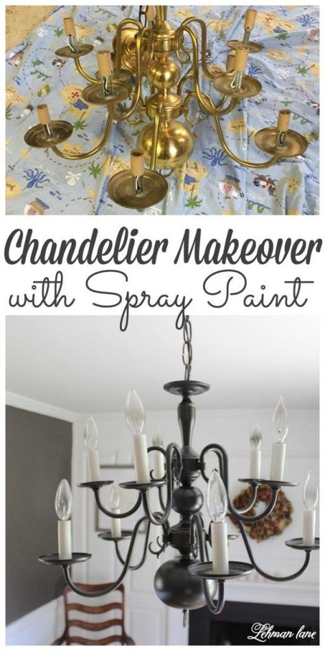 Looking for an easy chandelier makeover! Stop by to see how we transformed my dining room chandelier with spray paint #spraypaint #diningroom #lighting #chandelier http://lehmanlane.net Spray Painting Chandeliers, Redo Brass Chandelier, Redo Chandelier Diy, Old Chandelier Makeover, Paint Entryway, Paint Chandelier, Castle Lighting, Spray Painted Chandelier, Brass Chandelier Makeover