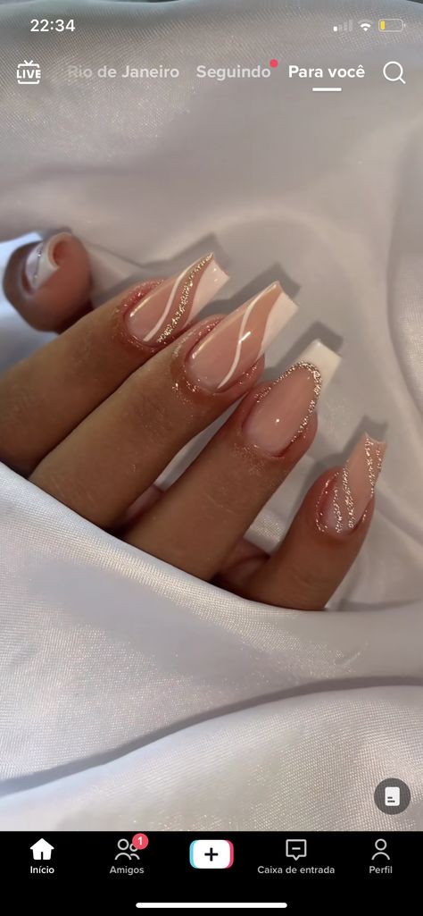 Nail Inspo Colorful French Tip, Simple But Extra Nails, White And Gold Nail Designs Simple, Acyrilics Nails Designs Simple, Stylish French Tip Nails, White And Silver Nails Square, French Tip Natural Nails With Design, Coffin Shape Nails Designs Classy, Oval Birthday Nails