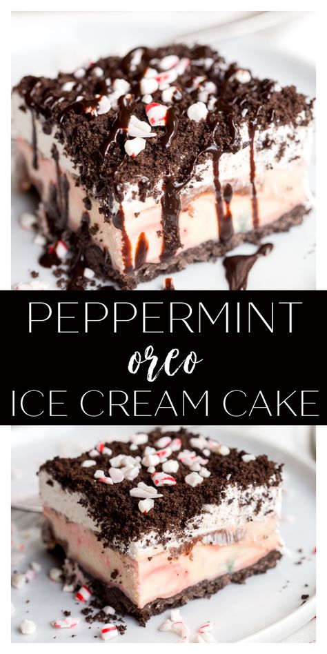 Oreo Peppermint Ice Cream Dessert, Candy Cane Ice Cream Cake, Peppermint Ice Cream Cake Recipe, Peppermint Bark Ice Cream Cake, Deserts With Peppermint, Desserts Using Ice Cream Sandwiches, Chocolate Peppermint Ice Cream, Peppermint Ice Cream Dessert Recipes, Frozen Peppermint Dessert