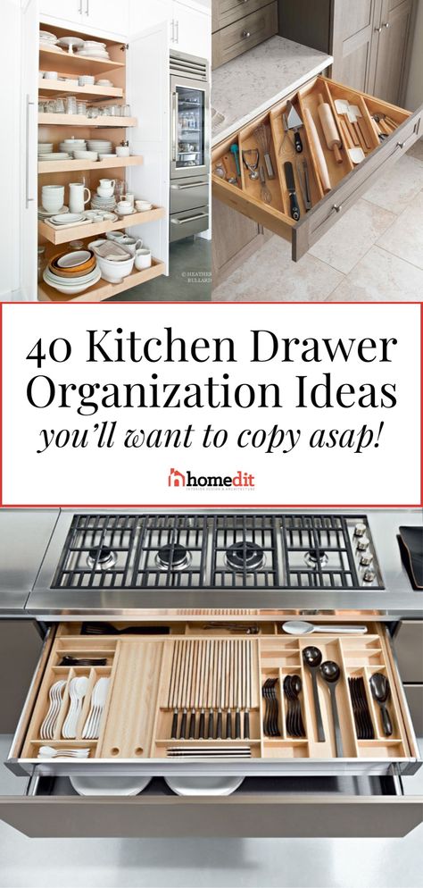 Need some easy kitchen organization tips? Dive into our list of 40 genius kitchen drawer organizers to keep your kitchen neat and tidy. Whether it's organizing your pantry, cutlery drawer, or pots and pans, we've got the best ideas for kitchen drawer organization ideas. Home storage and organization, home organization Best Kitchen Cabinet Organization Ideas, Kitchen Draw Storage Ideas, Organizing Drawers Kitchen, Storing Glasses In Drawers, What To Put In Deep Kitchen Drawers, Organizing Cooking Utensils, Sheet Pan Organization, Kitchen Cabinet Accessories Ideas, How To Organize Kitchen Drawers