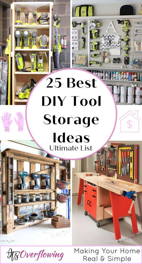 Tool Organization with Pallets Diy Garage Tool Storage Work Benches, Tool Bench Storage Ideas, Tool Storage Cabinets Diy, Tool Shelf Diy, Garage Work Bench Organization Ideas, Garage Workbench With Storage, Woodworking Tool Organization, Diy Tool Organizer Ideas, Diy Shop Shelving Ideas