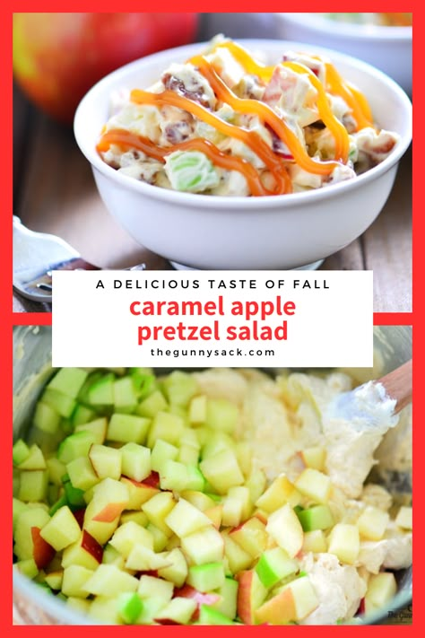 Apple Caramel Salad, Caramel Apple Salad Recipe, Caramel Apple Pretzel Salad, Workplace Snacks, Apple Cinnamon Pretzel Salad, Caramel Apple Fruit Salad, Apple Pretzel Dessert, Caramel Apple Pretzels, Caramel Apple Fluff Salad