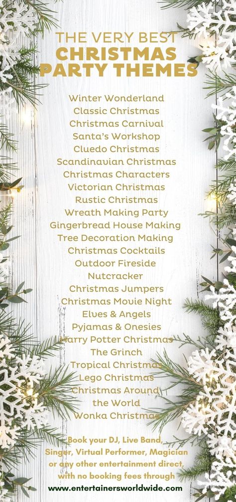 Different Christmas Theme Ideas, White Theme Christmas Party, Monthly Party Themes, Types Of Christmas Parties, Classy Christmas Party Themes, School Christmas Party Themes, Elegant Christmas Party Themes, Christmas Themes For Party, Christmas Party Themes For Work