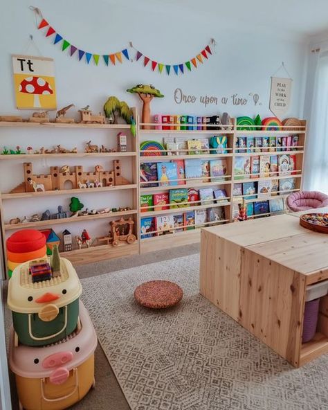 Shared Room Toy Storage, Living Room Corner Play Area, Play Silk Storage, Multiage Playroom, Ikea Kids Room Storage, Trofast Corner, Trofast Bookshelf, Toy Storage In Bedroom, Duplo Storage Ideas