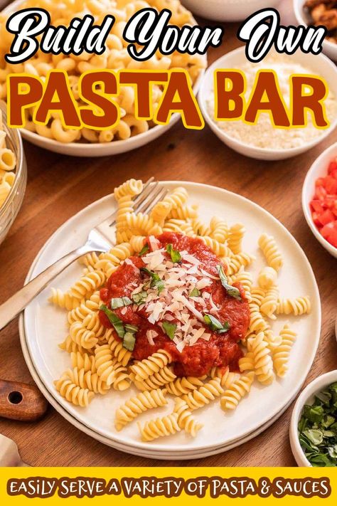 Pasta Bar is a great meal to prepare for a large family gathering or a weeknight dinner. It is a fun way to serve a variety of pasta and sauces. We love hosting family and friends for the big game and this DIY Pasta Bar is a great meal to prepare. Making a pasta station allows everyone to choose their favorite pasta and toppings. #eatingonadime #pastabar #easyrecipe Pasta For Crowd Parties, Pasta Bars For Parties, Pasta Bar For A Crowd, Create Your Own Pasta Bar, Pasta Bar Toppings, Pasta Bar Ideas Buffet Dinner Parties, Easy Pasta Bar Ideas, How To Do A Pasta Bar, How To Serve Spaghetti At A Party