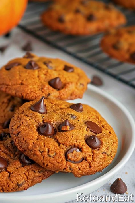 Keto Pumpkin Chocolate Chip Cookies Keto Pumpkin Cookies, Vegan Pumpkin Chocolate Chip Cookies, Fall Cookie Recipes, Keto Pumpkin, Pumpkin Chocolate Chip, Pumpkin Chocolate Chip Cookies, Pumpkin Chocolate Chips, Fall Cookies, Chip Cookie Recipe