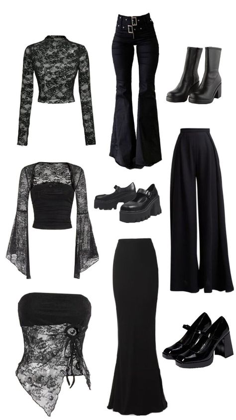 #outfits #blackfits #gothic #shoes #tops #lace #aesthetic Goth Outfit Halloween, Grunge Gothic Outfits, How To Wear A Lace Top, Lace Goth Outfit, Gothic Inspo Outfits, Gothic Date Outfit, Whimsigoth Basics, Gothic Concert Outfit, Gothic Christian Aesthetic