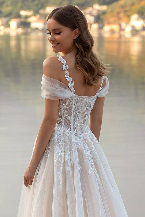 Eternity Boho A-line Lace Wedding Dress - Ivory / ✨ 💍👰‍♀️ Flowy Maxi Skirt, Draped Sleeves, Pretty Wedding Dresses, Corset Bustier, Dream Wedding Ideas Dresses, Future Wedding Plans, Ivory Wedding Dress, Stunning Gowns, Lace Wedding Dress