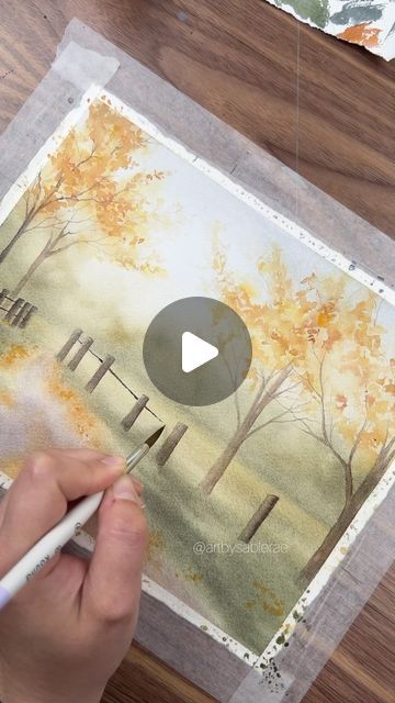 Sable on Instagram: "Bringing a little more atmosphere into this fall piece. Love the effect and especially the mini 😊  #watercolor #watercolorpainting #autumn #fallvibes #fallpainting #atmospheric #nature #watercolortrees" Atmospheric Watercolor Landscape, Autumn Tree Watercolor Tutorial, Fall Watercolour Tutorials, Fall Watercolor Tutorial Videos, Loose Watercolor Landscape Tutorial, Watercolor Landscape For Beginners, Autumn Watercolor Tutorial, Autumn Paintings Easy, Easy Fall Watercolor Paintings