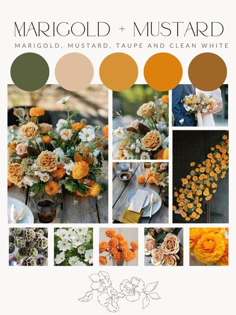 Green And Mustard Wedding Colors, Marigold And Rust Wedding, Farm Wedding Color Palette, Rust And Mustard Wedding, Marigold Flowers Wedding, Wedding In May Ideas Color Schemes, Color Scheme Fall Wedding, Mustard Color Wedding Theme, Golden Yellow Wedding Theme