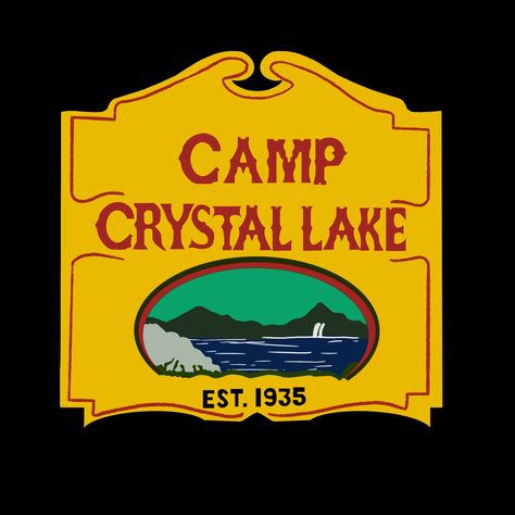 Black background with yellow sign from Friday the 13th film for camp Crystal lake Camp Crystal Lake Sign, Art Room Inspiration, Minimalist Camping, Game Drawing, Camp Crystal Lake, Lake Map, Lake Signs, Crystal Lake, Friday The 13th