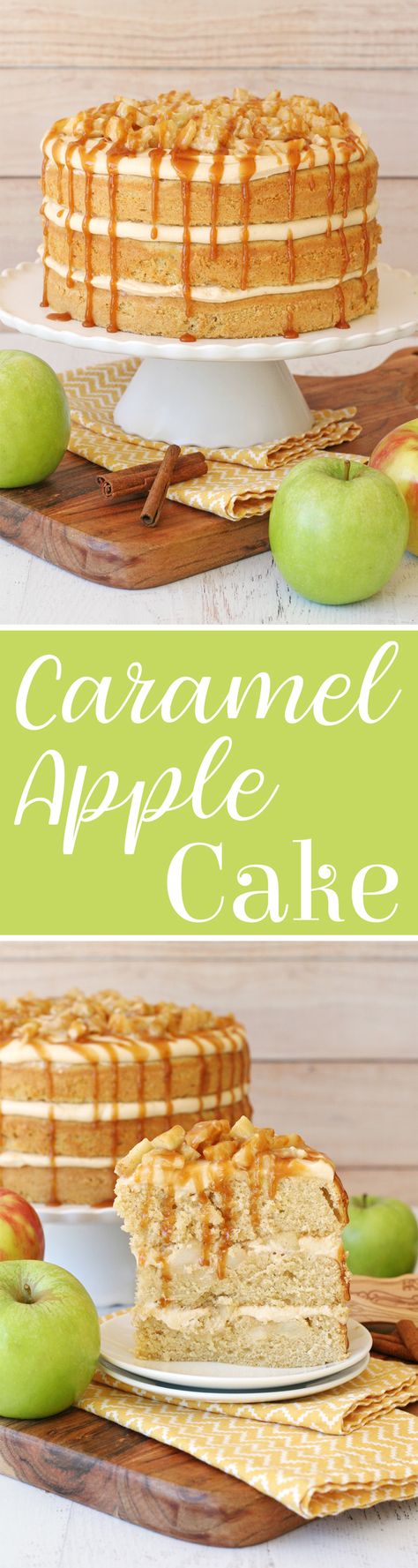 This beautiful fall cake recipe starts with an apple and cinnamon spiced cake, then is layered with salted caramel frosting, spiced apples and even more salted caramel sauce. Caramel Apple Cake Recipe, Cake Fall, Spiced Cake, Apple Cinnamon Cake, Thanksgiving Cake, Salted Caramel Frosting, Fall Cake Recipes, Caramel Treats, Salted Caramel Cake