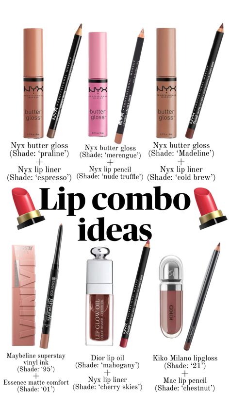 Lip combo ideas #lipcombo #makeup #trendingmakeup Lip Combos That Last, Makeup Ideas Lip Liner, Combo Skin Makeup, Nyx Nude Truffle Lip Liner Combo Color, Lipstick Lip Liner Combo, Ulta Lip Combo, Best Lip Combos Drugstore, Liner And Gloss Combo, Lip Liner Gloss Combo