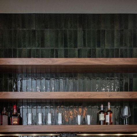 Dark Kitchen Tile Backsplash, Green Tile Wet Bar, Green Tile Bar Backsplash, Dark Cabinets Dark Backsplash, Dark Cabinets Green Backsplash, Dark Brown Kitchen Cabinets Green Backsplash, Black Backsplash Bar, Wood Kitchen Green Tiles, Moody Wet Bar Design