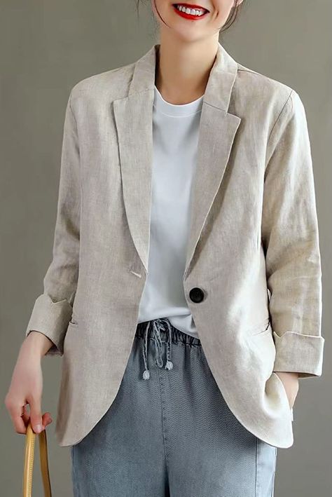 IDEALSANXUN Womens 100% Linen Blazer Notch Lapel One Button Suit Coat Jackets(Black Blazer, M) at Amazon Women’s Clothing store Cotton Coats For Women Summer, Summer Coats Women Casual, Summer Coats For Women, Short Sleeve Blazer Outfit, Linen Jacket Outfit, Summer Linen Blazer, Linen Blazer Outfit Women, Linen Coats Women, Hijab Wardrobe