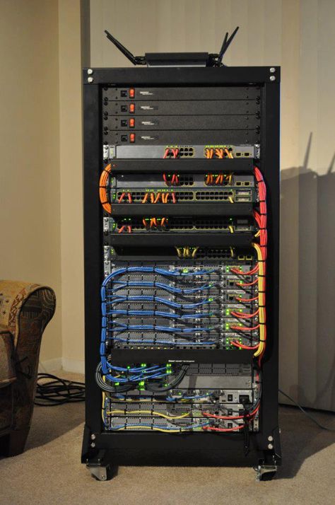 Someone's home lab. Love the cable management! Network Rack Cable Management, Wire Rack Ideas, Home Server Room, Cabling Management, Home Server Rack, Data Center Rack, Home Server, Network Rack, Home Lab