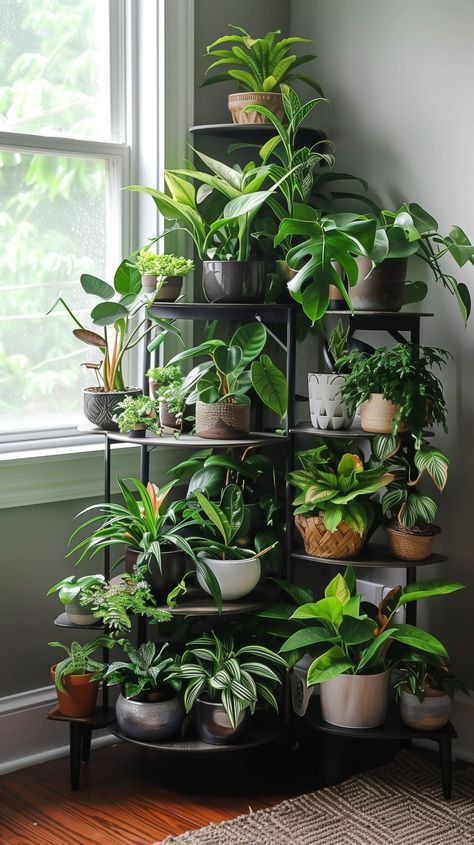 Diy Plant Stand Corner, Plant Displays Indoor, Inside Plants Decor Living Room, Plant Corner Living Room, Indoor Plant Corner, Plant Display Indoor, Corner Plant Stand Indoor, Corner Plant Stand, Bookshelves Ideas