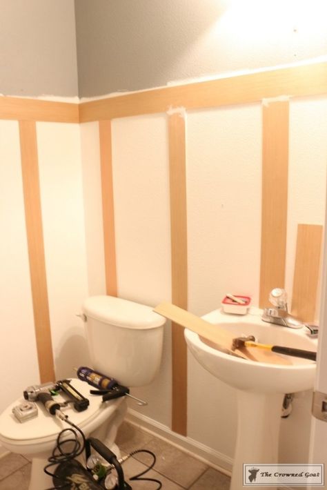 Blue Board And Batten Wall Bathroom, Board And Batten Powder Bathroom, Modern Board And Batten Wall Bathroom, Townhome Upgrades, Judges Paneling, Half Bath Makeover, Batten Diy, Small Half Bath, Bathroom Renovation Diy