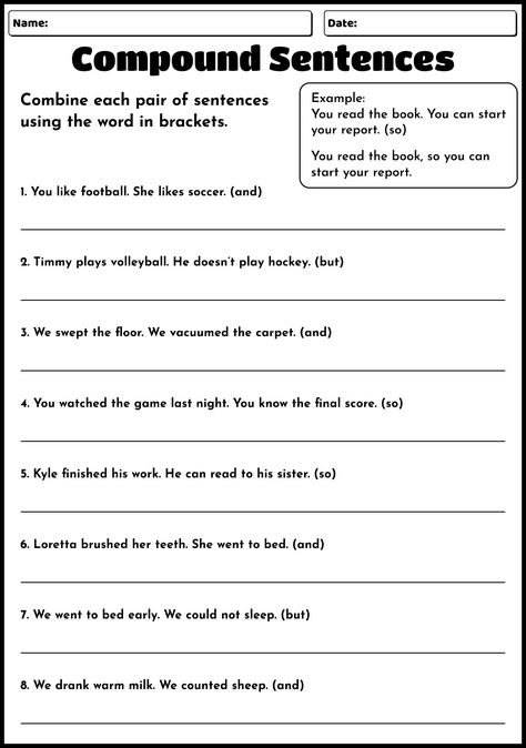 First Grade Compound Sentences Constructing Sentences Worksheets, Compound Sentences 3rd Grade, Making A Sentence, Teaching Compound Sentences, Compound Sentences Activities, Compound Sentences Worksheets, Teaching Fables, Practice Writing Sentences, Simple Compound Complex Sentences