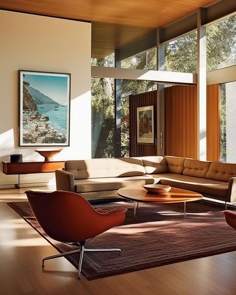 17 Aesthetic Mid-Century Modern Living Room Ideas Roundup - StoryNorth Mid Century Organic Living Room, Mid Century Modern Movie Room, Mid Century House Aesthetic, Mid Century Italian Interior, Mid Century Open Concept, Mid Century Modern Living Room Minimalist, Mid Century Minimalist Living Room, Midcentury Modern Living Room Design, Modern Bauhaus Interior