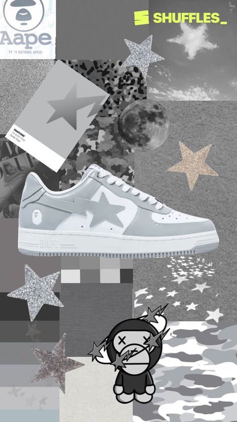 #outfitinspo #outfit #fashion #aape #abathingaape #bape #bapesta #stars #stargirl #wallpaper #collage #inspo #grey #sneakers #shoes #viral #gray Bape Star Shoes, Bape Shoes Outfit, Stargirl Wallpaper, Bape Wallpaper, Bape Star, Bapesta Shoes, Bape Shoes, Wallpaper Collage, Shoes Grey