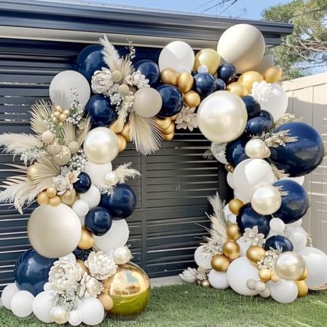 Blue White Gold Backdrop, Cream Balloon Arch, Deco Theme Marin, Double Stuffed Balloons, Beer Party Decorations, Big Jam, Stuffed Balloons, Graduation Balloons, Royal Blue And Gold