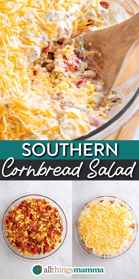 collage image showing a close up of Southern Cornbread Salad and two steps to make Southern Cornbread Salad. Southern Cornbread Salad, Classic Cornbread, Cornbread Salad, Southern Cornbread, Homemade Cornbread, Layered Salad, Bread Salad, Easy Holiday Recipes, Corn Bread Recipe