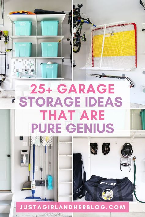 Collage of a neatly organized garage, featuring large storage bins and shelves, highlighting practical garage storage ideas. Garage Organization Small Items, Organizing Small Garage Ideas, Small One Car Garage Organization, Inexpensive Garage Organization, Garage Tub Storage, Garage Hooks Organization Ideas, Garage Storage Kids Stuff, Garage Corner Storage Ideas, Single Garage Storage Ideas