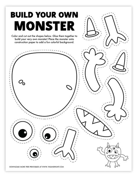 Halloween Arts And Crafts For Kids Easy Printable, Glad Monster Craft, Monster Cutouts Free Printable, Halloween Arts And Crafts Printables, Build A Monster Craft, Color Monster Free Printable, Kindergarten Art Worksheets Free Printable, One Page Craft, Build Your Own Monster Kit