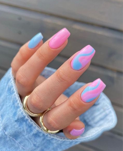 Summer Pink And Blue Nails, Barbie Inspired Nail Art, Pink And Blue Square Nails, Barbie Blue Nails, Barbie Pink And Blue Nails, Blue Barbie Nails, Light Blue And Light Pink Nails, Bright Blue And Pink Nails, Light Pink And Light Blue Nails